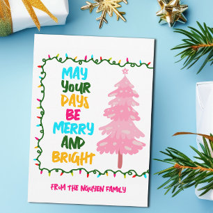 Colourful Merry Bright Pink Christmas Tree Custom Holiday Card