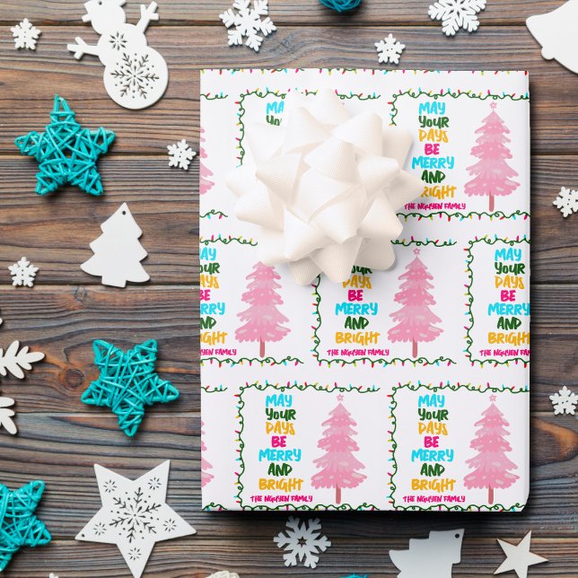 Colourful Merry Bright Pink Christmas Tree Custom Wrapping Paper Sheet (Creator Uploaded)