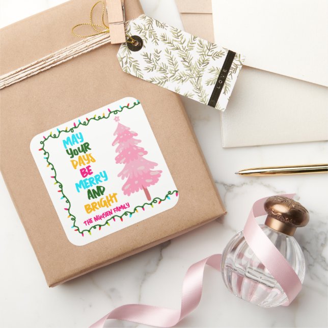 Colourful Merry Bright Pink Christmas Tree Party Square Sticker (Gifting)