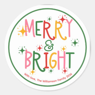 Colourful Merry & Bright Playful Family Christmas  Classic Round Sticker