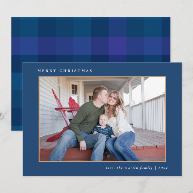 Colourful Merry Christmas Blue Plaid Print Holiday Card (Front/Back)