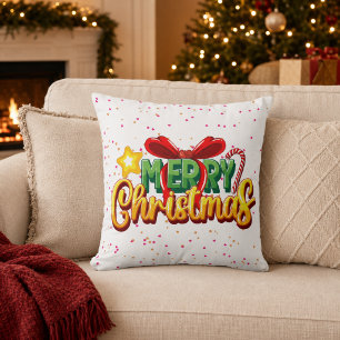 Colourful Merry Christmas Bow and Candy Cane Cushion