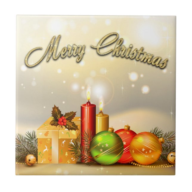 Colourful Merry Christmas Candle Decorations Tile (Front)