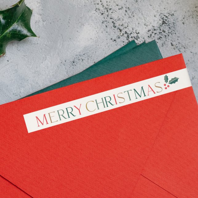 Colourful Merry Christmas Card Return Address Wrap Around Label (Elegant colorful Merry Christmas Card Return Address Wrap Around Label with Holly Accent.)