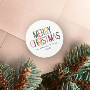Colourful Merry Christmas Cute Retro Stars Classic Round Sticker