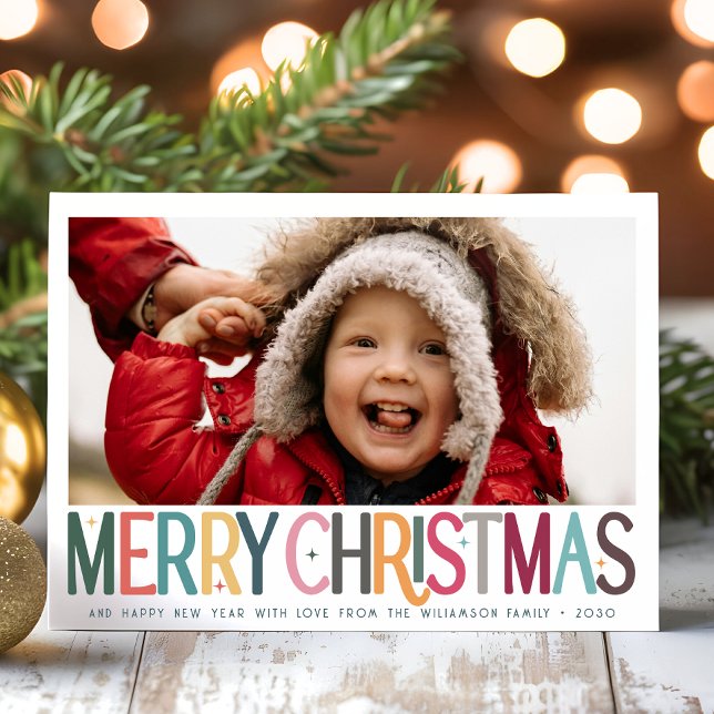 Colourful Merry Christmas Cute Retro Stars Photo Holiday Card (Creator Uploaded)