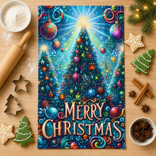 Colourful Merry Christmas Decorated Trees Tea Towel