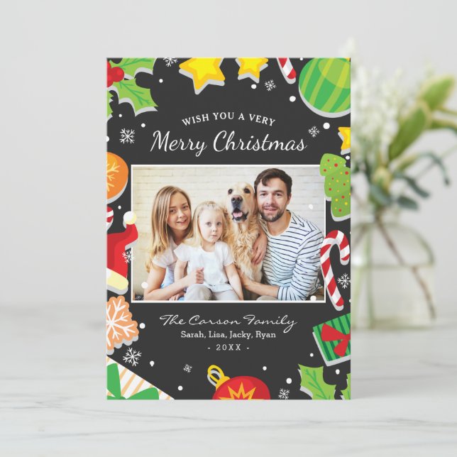 Colourful Merry Christmas Elements Family Photo Holiday Card (Standing Front)