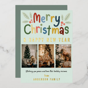 Colourful Merry Christmas Family Photo Green Foil Holiday Card