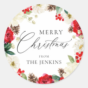 Colourful Merry Christmas Floral Classic Round Sticker