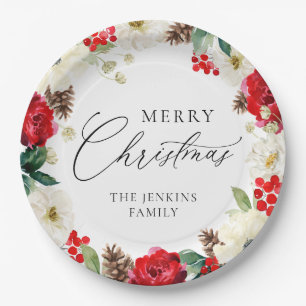 Colourful Merry Christmas Red Floral Paper Plate