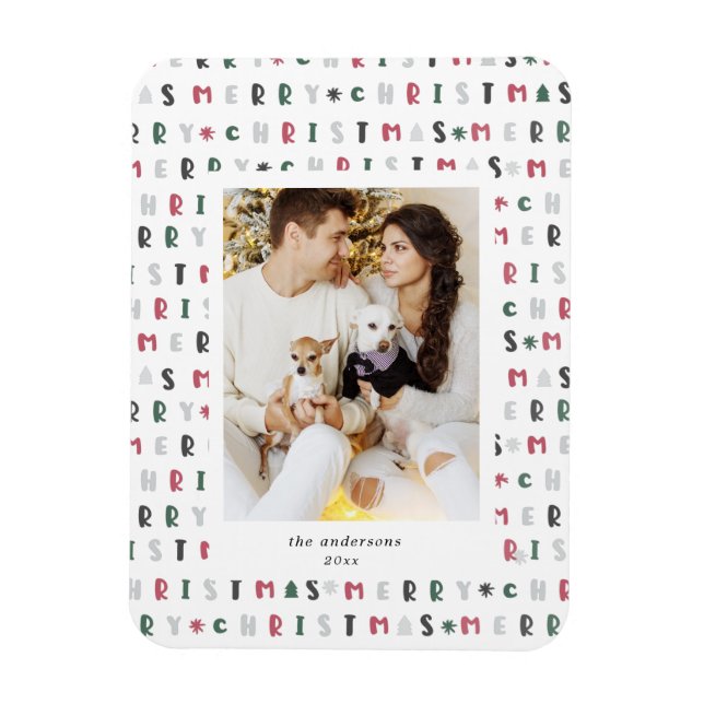 colourful merry christmas script photo holiday magnet (Vertical)