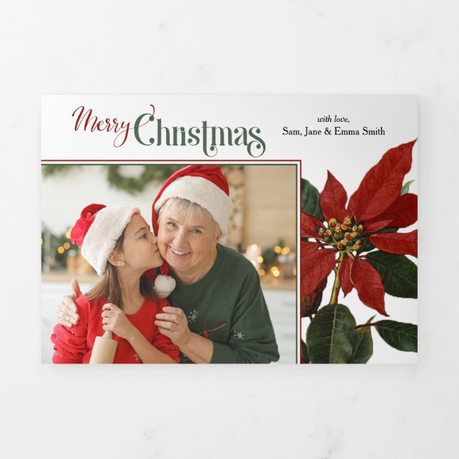 Colourful Merry Christmas Script w/Poinsettia Phot Tri-Fold Holiday Card (Cover)