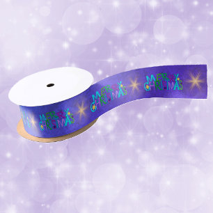 Colourful Merry Christmas Text Twinkle Gold Stars  Satin Ribbon