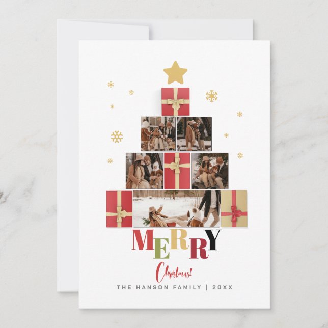 Colourful Merry Christmas Tree Family Collage Holiday Card (Front)
