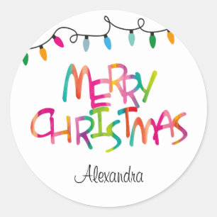 Colourful Merry Christmas Tree Lights Classic Round Sticker