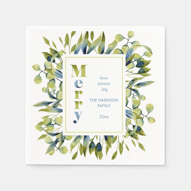 Colourful Merry Green Blue Leaves Christmas Napkin (Front)