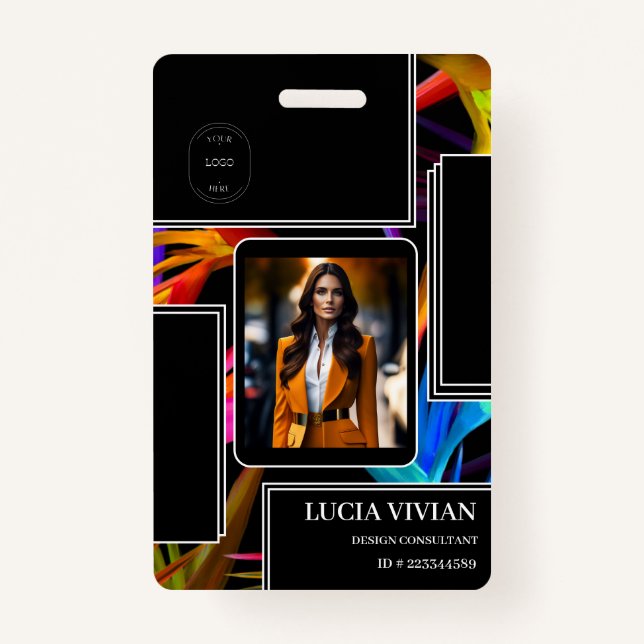 Colourful Messy Black Tropical Photo Employee Name ID Badge (Front)