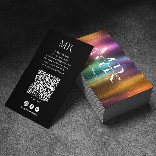 Colourful Metallic Glitter QR Code and Monogram Business Card