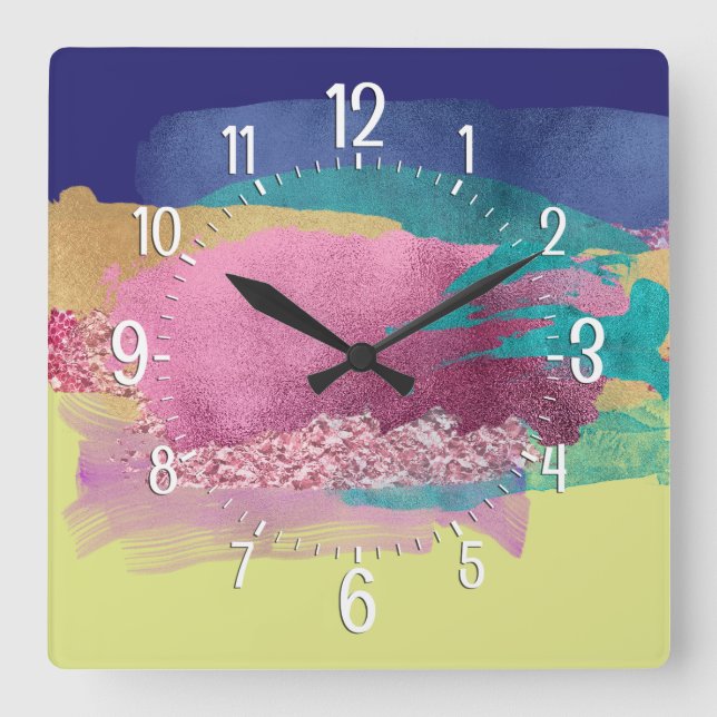 Colourful Metallic Painted Brush Strokes Artistic Square Wall Clock (Front)