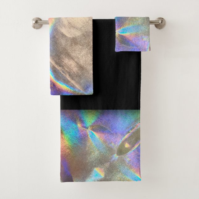 Colourful Metallic Rainbow Faux Holographic Patter Bath Towel Set (Insitu)