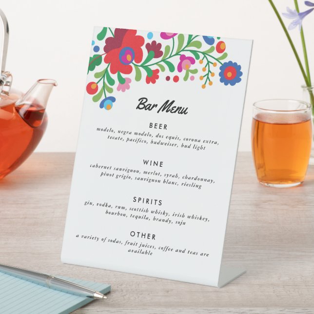 Colourful Mexican Embroidery Bar Menu Table Tent S Pedestal Sign (In SItu)