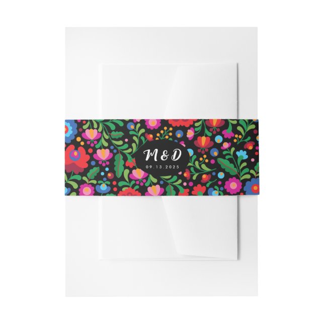 Colourful Mexican Embroidery Monogram Wedding Blac Invitation Belly Band (Front Example)