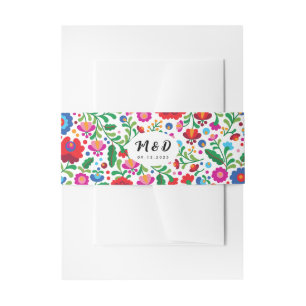 Colourful Mexican Embroidery Monogram Wedding Whit Invitation Belly Band