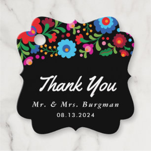 Colourful Mexican Embroidery on Black Thank Weddin Favour Tags
