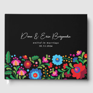 Colourful Mexican Embroidery on Black Wedding Guest Book