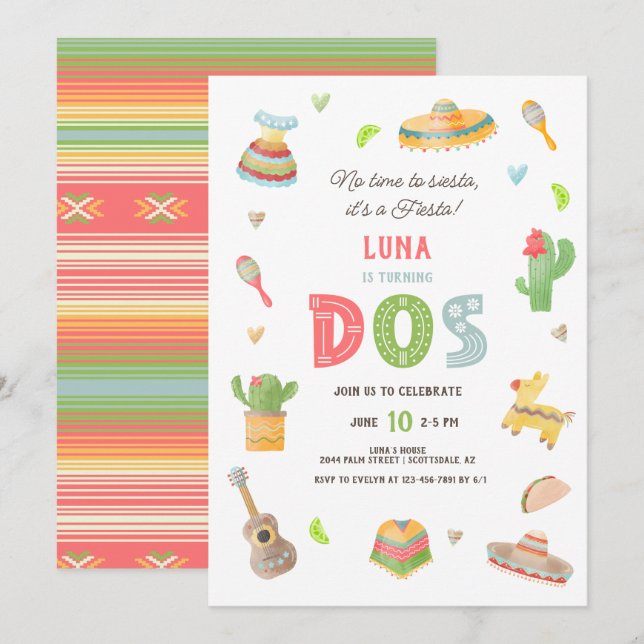 Colourful Mexican Fiesta 2nd Birthday Invitation (Front/Back)