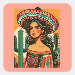 Colourful Mexican Fiesta Cactus Square Sticker