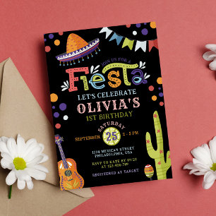 Colourful Mexican Fiesta First Birthday Black Invitation