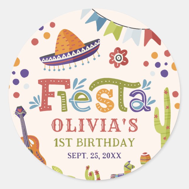 Colourful Mexican Fiesta First Birthday Classic Round Sticker (Front)