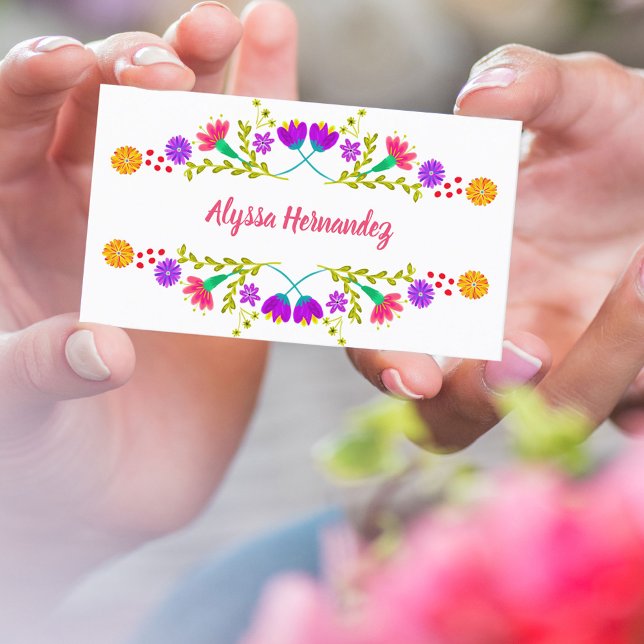 Colourful Mexican Fiesta Floral White Business Car Business Card (Creator Uploaded)