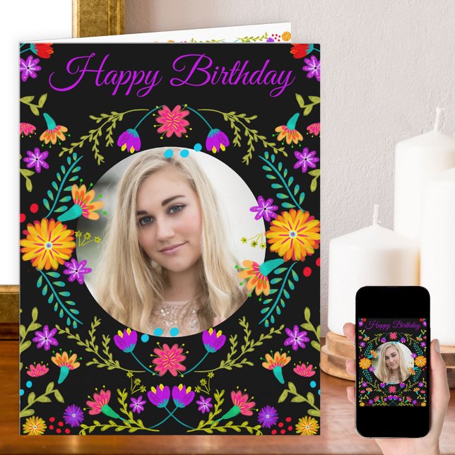 Colourful Mexican Fiesta Flowers Photo Birthday Card (Creator Uploaded)