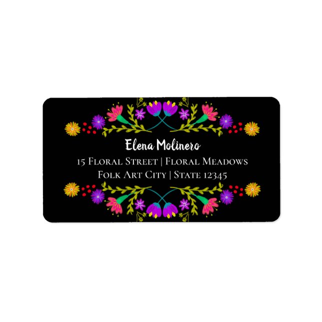 Colourful Mexican Fiesta Folk Art Black Address Label (Front)