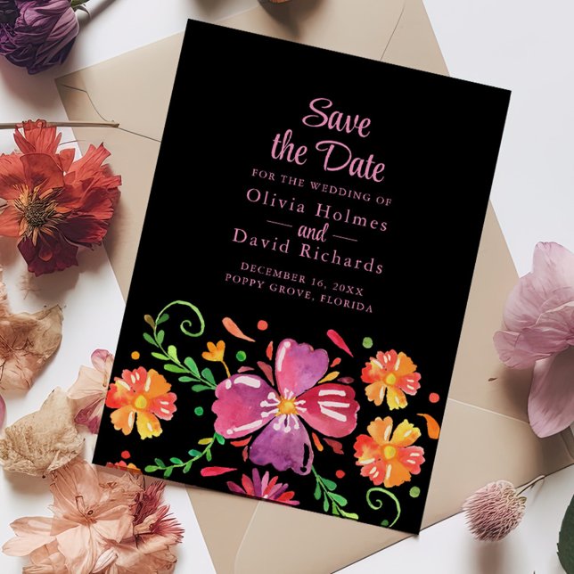 Colourful Mexican Floral Fiesta Save the Date Card (Colorful Mexican Floral Fiesta Save the Date Card on a table full with colorful flowers.)