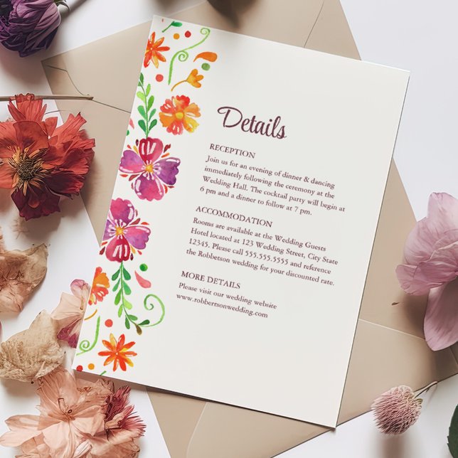 Colourful Mexican Floral Fiesta Wedding Details  Invitation (Colorful Mexican Floral Fiesta Wedding Details Invitation on a table full with colorful flowers.)