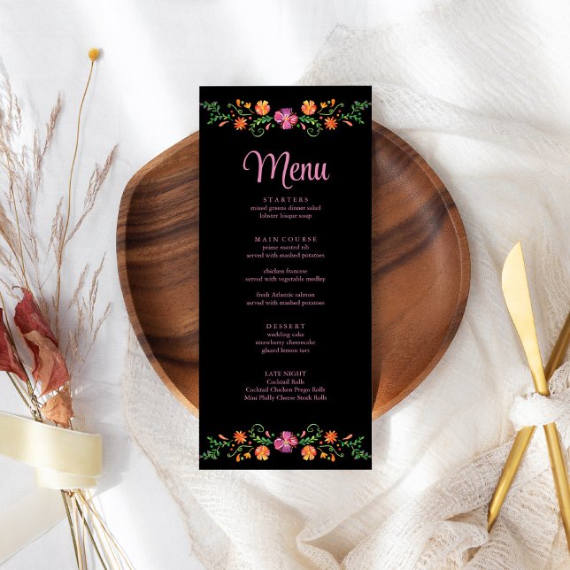 Colourful Mexican Floral Fiesta Wedding Menu Card (Colorful Mexican Floral Fiesta Wedding Menu Card on a boho wedding table.)
