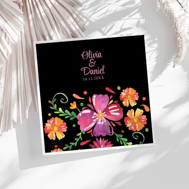 Colourful Mexican Floral Fiesta Wedding  Napkin (Colorful Mexican Floral Fiesta Wedding Paper Dinner Napkins on a sunny white table.)