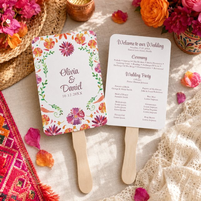 Colourful Mexican Floral Fiesta Wedding Program Hand Fan (Colorful Mexican Floral Fiesta Wedding Program Hand Fan)