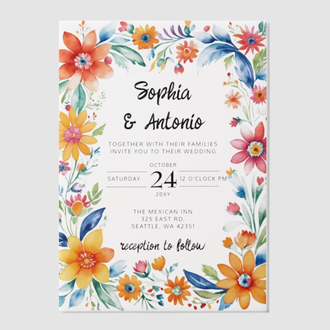 Colourful Mexican Floral Fiesta Wedding Vellum Invitations (Front)