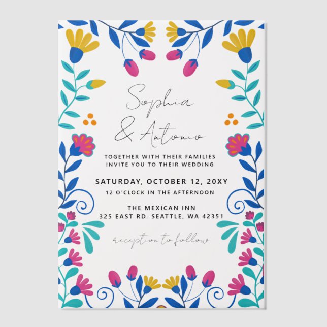 Colourful Mexican Floral Fiesta Wedding Vellum Invitations (Front)