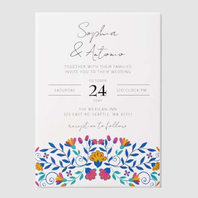 Colourful Mexican Floral Fiesta Wedding Vellum Invitations (Front)