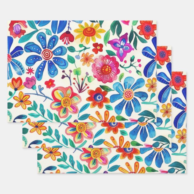 Colourful Mexican Flowers Wrapping Paper Sheet (Set)