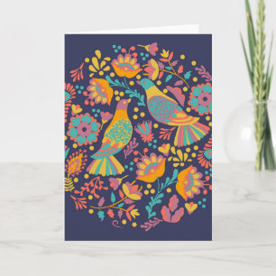 Colourful Mexican Folk Art Birds and Flowers Blue Card