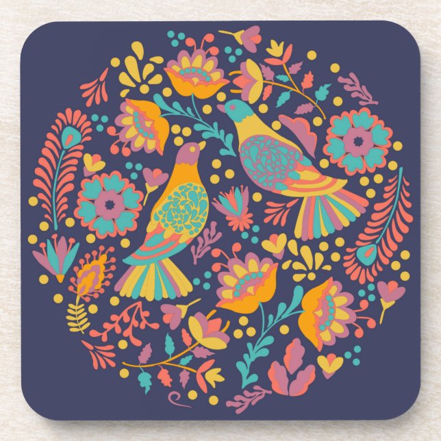 Colourful Mexican Folk Art Birds and Flowers Blue Coaster (Front)