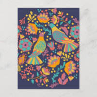 Colourful Mexican Folk Art Birds and Flowers Blue