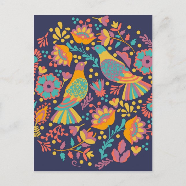 Colourful Mexican Folk Art Birds and Flowers Blue Postcard (Front)